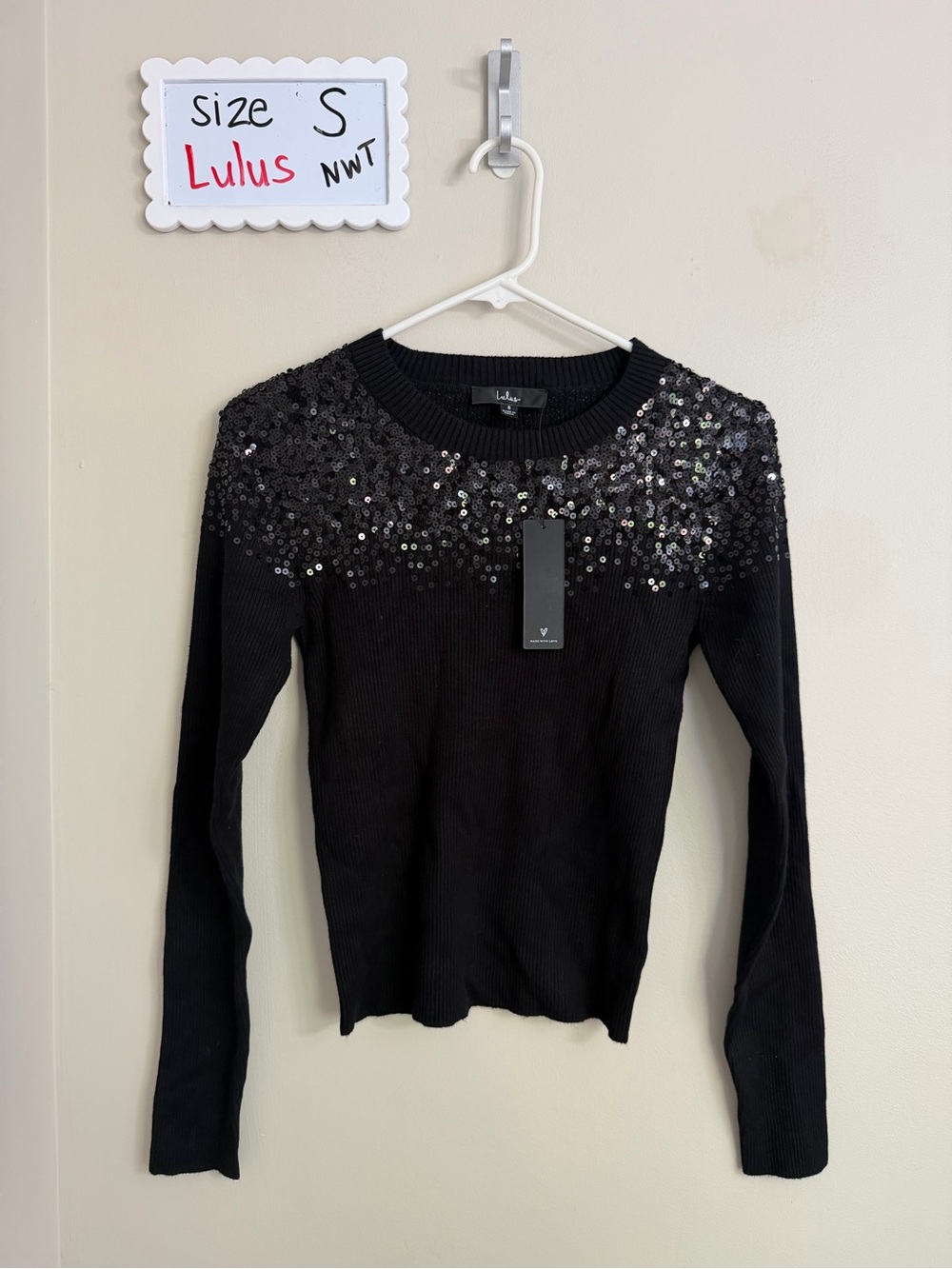 Lulu's Black Sequin-Embellished Crewneck Sweater- NWT